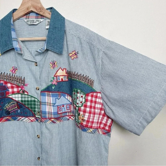 Victoria Jones  Woman 22W Short Sleeve Cotton Button Shirt Embroidery Cottage - Picture 4 of 12